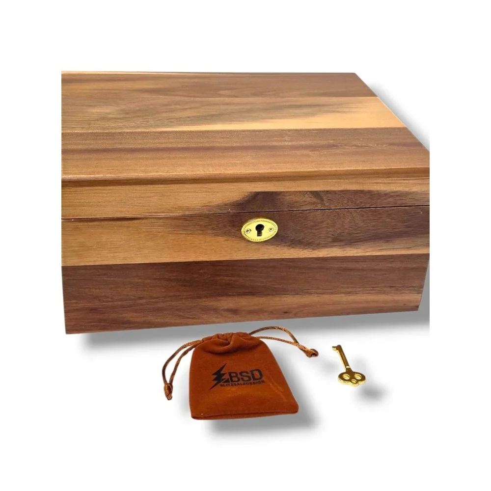BSD Acacia Wood Keepsake Box With Lock Key Wooden Decorative Treasure Chest